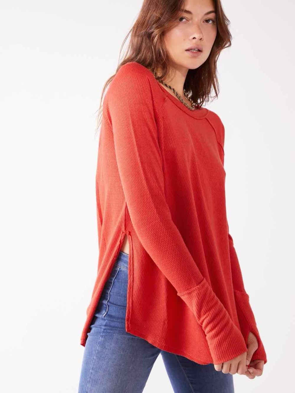 Free People Snowy Thermal Top Orange Shirt XS